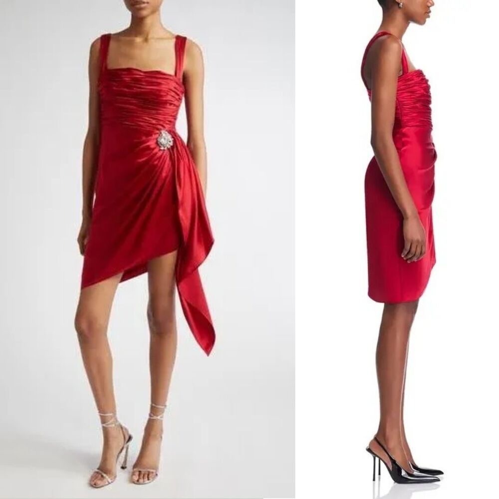 CINQ A SEPT Tate Asymmetric Hem Red Silk Mini Dress - Picture 4 of 12